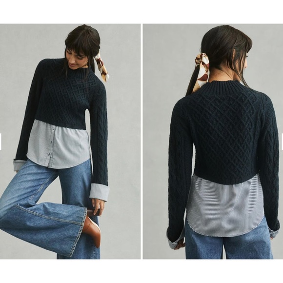 Maeve Hybrid Mixed Media Cable Knit Layered Sweater - Picture 1 of 5